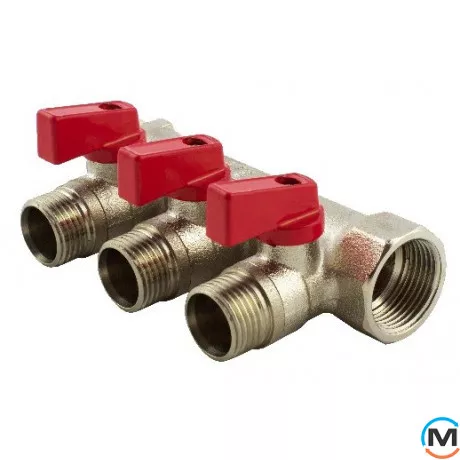 Колектор Bianchi з кульовими кранами Ø1" х 3 х 3/4"ЗР (червоний) I=45 мм, Колір: червоний, Кількість виходів: 3, Тип колектора: З кульовим краном, Діаметр вхід/вихід: 1", Діаметр підводів: 3/4", Різьблення підводів: Трубна, фото 