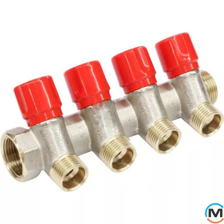 Колектор Bianchi з вінцями Ø3/4" х 4 х 1/2" ЗР хром (червоний) I=36 мм, Колір: червоний, Кількість виходів: 4, Тип колектора: З вентилем, Діаметр вхід/вихід: 3/4", Діаметр підводів: 1/2", Різьблення підводів: Трубна, фото 