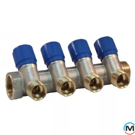 Колектор Bianchi з вінцями Ø3/4" х 4 х 1/2" ЗР хром (синій) I=36 мм, Колір: Синій, Кількість виходів: 4, Тип колектора: З вентилем, Діаметр вхід/вихід: 3/4", Діаметр підводів: 1/2", Різьблення підводів: Трубна, фото 