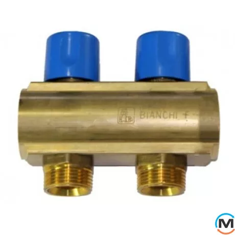 Колектор Bianchi з венти Ø1" х 2 х 3/4"ЗР (синій) I=50 мм, Колір: Синій, Кількість виходів: 2, Тип колектора: З вентилем, Діаметр вхід/вихід: 1", Діаметр підводів: 3/4", Різьблення підводів: Євроконус, фото 