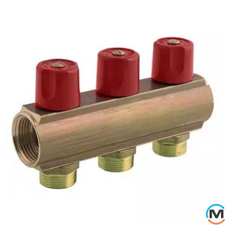 Колектор Bianchi з венти Ø1" х 3 х 3/4"ЗР (червоний) I=50 мм, Колір: червоний, Кількість виходів: 3, Тип колектора: З вентилем, Діаметр вхід/вихід: 1", Діаметр підводів: 3/4", Різьблення підводів: Євроконус, фото 