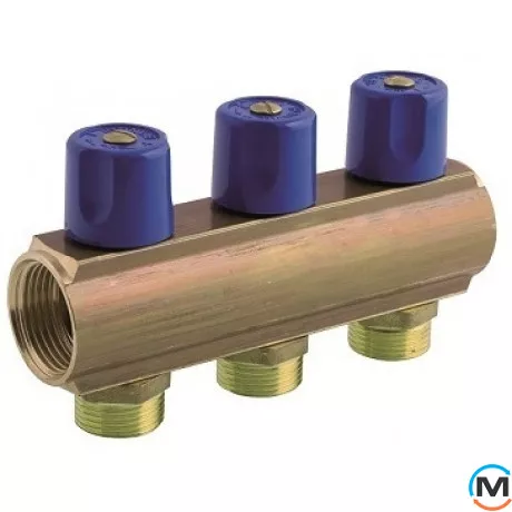 Колектор Bianchi з венти Ø1" х 3 х 3/4"ЗР (синій) I=50 мм, Колір: Синій, Кількість виходів: 3, Тип колектора: З вентилем, Діаметр вхід/вихід: 1", Діаметр підводів: 3/4", Різьблення підводів: Євроконус, фото 