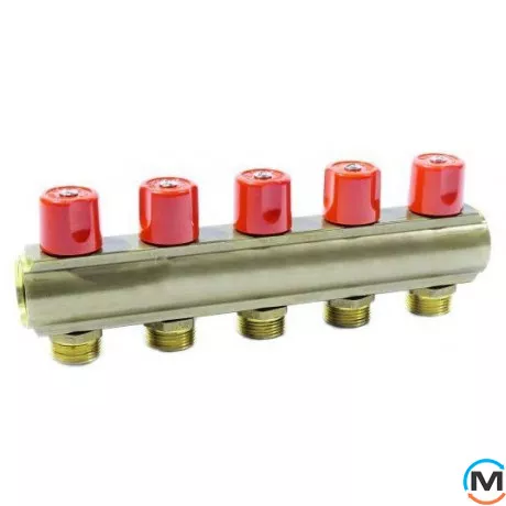 Колектор Bianchi з венти Ø1" х 5 х 3/4"ЗР (червоний) I=50 мм, Колір: червоний, Кількість виходів: 5, Тип колектора: З вентилем, Діаметр вхід/вихід: 1", Діаметр підводів: 3/4", Різьблення підводів: Євроконус, фото 