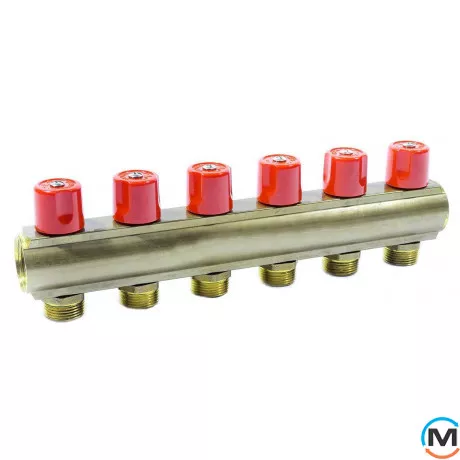 Колектор Bianchi з венти Ø1" х 6 х 3/4"ЗР (червоний) I=50 мм, Колір: червоний, Кількість виходів: 6, Тип колектора: З вентилем, Діаметр вхід/вихід: 1", Діаметр підводів: 3/4", Різьблення підводів: Євроконус, фото 