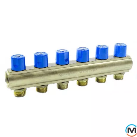 Колектор Bianchi з венти Ø1" х 6 х 3/4"ЗР (синій) I=50 мм, Колір: Синій, Кількість виходів: 6, Тип колектора: З вентилем, Діаметр вхід/вихід: 1", Діаметр підводів: 3/4", Різьблення підводів: Євроконус, фото 