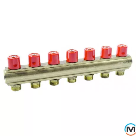 Колектор Bianchi з венти Ø1" х 7 х 3/4"ЗР (червоний) I=50 мм, Колір: червоний, Кількість виходів: 7, Тип колектора: З вентилем, Діаметр вхід/вихід: 1", Діаметр підводів: 3/4", Різьблення підводів: Євроконус, фото 