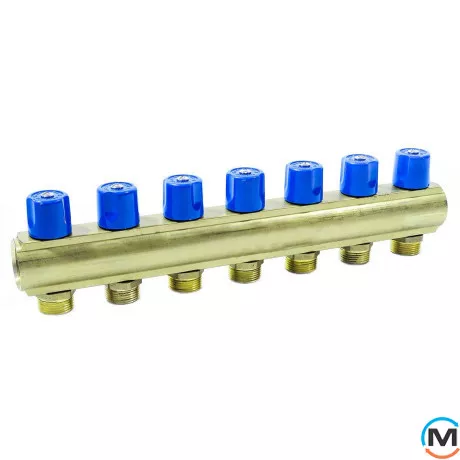 Колектор Bianchi з венти Ø1" х 7 х 3/4"ЗР (синій) I=50 мм, Колір: Синій, Кількість виходів: 7, Тип колектора: З вентилем, Діаметр вхід/вихід: 1", Діаметр підводів: 3/4", Різьблення підводів: Євроконус, фото 