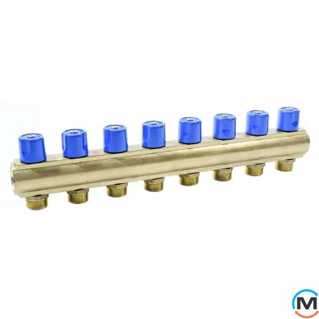 Колектор Bianchi з венти Ø1" х 8 х 3/4"ЗР (синій) I=50 мм, Колір: Синій, Кількість виходів: 8, Тип колектора: З вентилем, Діаметр вхід/вихід: 1", Діаметр підводів: 3/4", Різьблення підводів: Євроконус, фото 