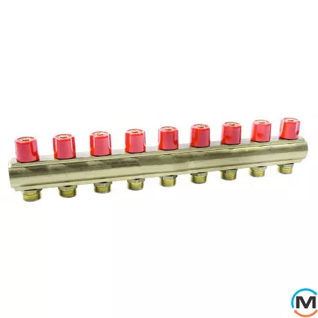 Колектор Bianchi з венти Ø1" х 9 х 3/4"ЗР (червоний) I=50 мм, Колір: червоний, Кількість виходів: 9, Тип колектора: З вентилем, Діаметр вхід/вихід: 1", Діаметр підводів: 3/4", Різьблення підводів: Євроконус, фото 