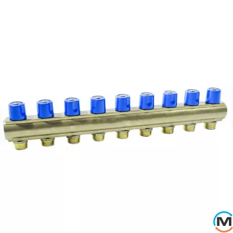 Колектор Bianchi з венти Ø1" х 9 х 3/4"ЗР (синій) I=50 мм, Колір: Синій, Кількість виходів: 9, Тип колектора: З вентилем, Діаметр вхід/вихід: 1", Діаметр підводів: 3/4", Різьблення підводів: Євроконус, фото 