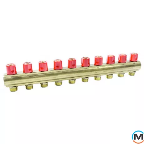Колектор Bianchi з венти Ø1" х 10 х 3/4"ЗР (червоний) I=50 мм, Колір: червоний, Кількість виходів: 10, Тип колектора: З вентилем, Діаметр вхід/вихід: 1", Діаметр підводів: 3/4", Різьблення підводів: Євроконус, фото 