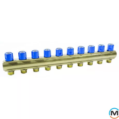 Колектор Bianchi з венти Ø1" х 10 х 3/4"ЗР (синій) I=50 мм, Колір: Синій, Кількість виходів: 10, Тип колектора: З вентилем, Діаметр вхід/вихід: 1", Діаметр підводів: 3/4", Різьблення підводів: Євроконус, фото 