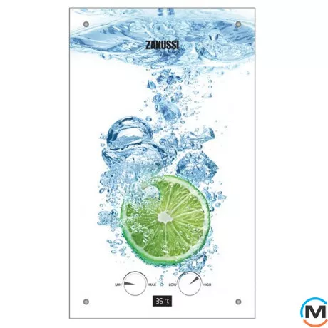 Газовая колонка Zanussi GWH 10 Fonte Glass Lime, Тип розжига: Электронный, Тепловая мощность (кВт): 18.5, Тип камеры сгорания: Открытая, Цвет: Lime, Подводка труб: Нижняя, Производительность (л/мин): 10, Способ установки: Настенный, Электропитание: 3 V, фото 