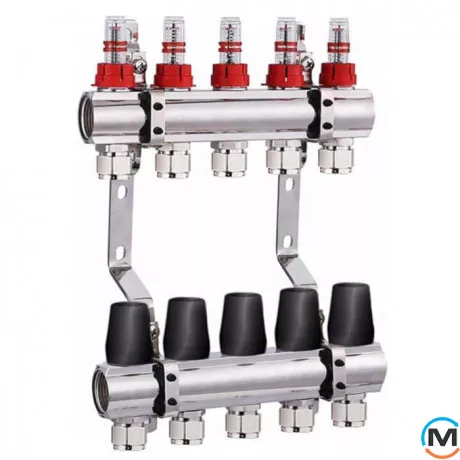 Колектор Djoul із запірними клапанами та витратометрами 11 виходів, Кількість виходів: 11, Тип колектора: З витратомірами, Діаметр вхід/вихід: 1", Діаметр підводів: 3/4", Різьблення підводів: Євроконус, фото 