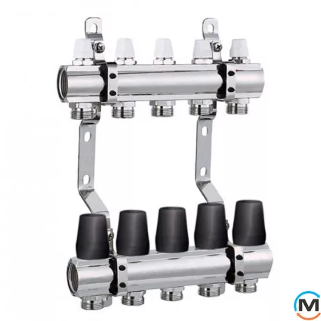 Колектор Djoul із запірними клапанами 6 виходів, Кількість виходів: 6, Тип колектора: З термоклапанами, Діаметр вхід/вихід: 1", Діаметр підводів: 3/4", Різьблення підводів: Євроконус, фото 