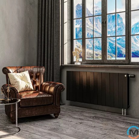 Радиатор Royal Thermo Piano Forte 500 VD - 12 секций (черный) нижнее подключение, Подключение радиатора: Нижнее, Исполнение: Горизонтальный, Цвет: Черный, Конструктив: Секционный, Материал радиатора: Биметалл, Межосевое расстояние (мм): 500, Высота (мм): 591, Глубина (мм): 100, Кол-во секций: 12, Длина (мм): 960, фото , изображение 2