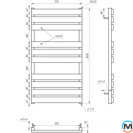 Сушка для рушників Genesis-Aqua ALPINA 800x530 чорний, Колір: Чорний, Висота (мм): 800, фото , зображення 4