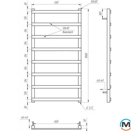 Полотенцесушитель Genesis-Aqua BASIS LIGHT 1000x530 белый, Цвет: Белый, Высота (мм): 1000, фото , изображение 3