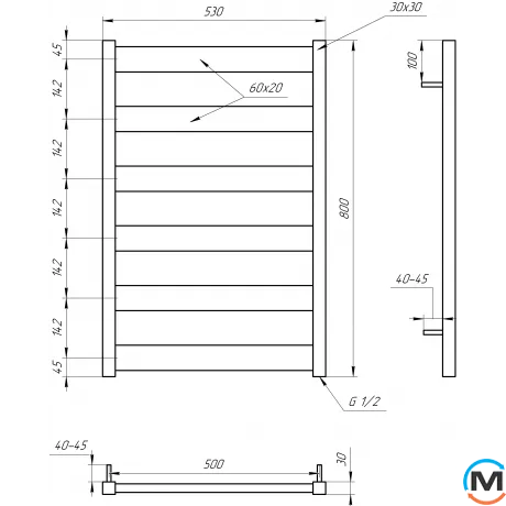 Сушка для рушників Genesis-Aqua BULL 1200x530 графіт, Колір: Графіт, Висота (мм): 1200, фото , зображення 2