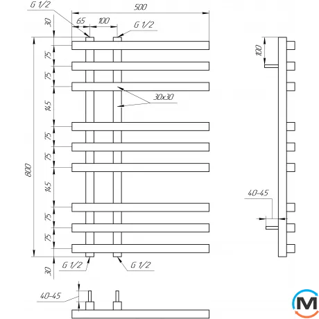 Полотенцесушитель Genesis-Aqua CARISMA 1000x500 графит, Цвет: Графит, Высота (мм): 1000, фото , изображение 2