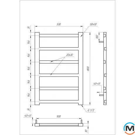 Полотенцесушитель Genesis-Aqua LEVEL 1200x530 белый, Цвет: Белый, Высота (мм): 1200, фото , изображение 2