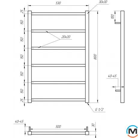 Полотенцесушитель Genesis-Aqua TERRA 1200x530 графит, Цвет: Графит, Высота (мм): 1200, фото , изображение 2