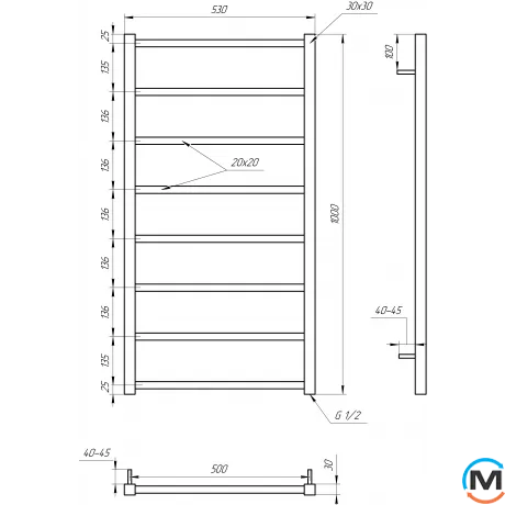 Полотенцесушитель Genesis-Aqua TERRA 1200x530 белый, Цвет: Белый, Высота (мм): 1200, фото , изображение 3