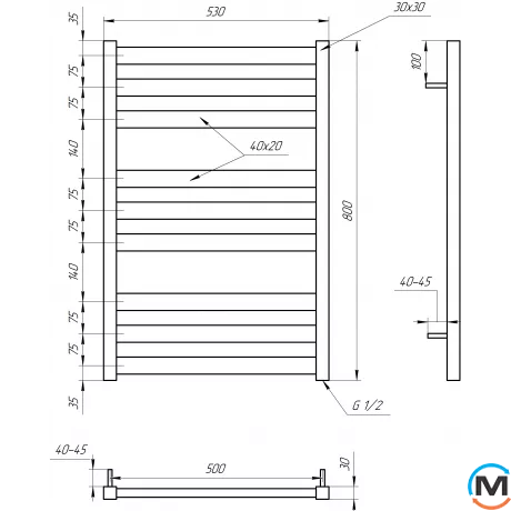 Сушка для рушників Genesis-Aqua TRISTAR FLAT 1200x530 білий, Колір: Білий, Висота (мм): 1200, фото , зображення 5
