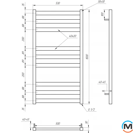 Сушка для рушників Genesis-Aqua TRISTAR FLAT 1200x530 графіт, Колір: Графіт, Висота (мм): 1200, фото , зображення 3