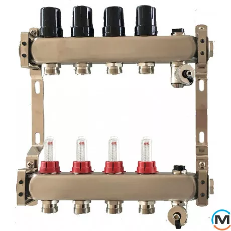 Коллектор Tervix Pro Line из нерж стали на 12 конт. с расходомерами краном маевского и сливным, Количество выходов: 12, фото 