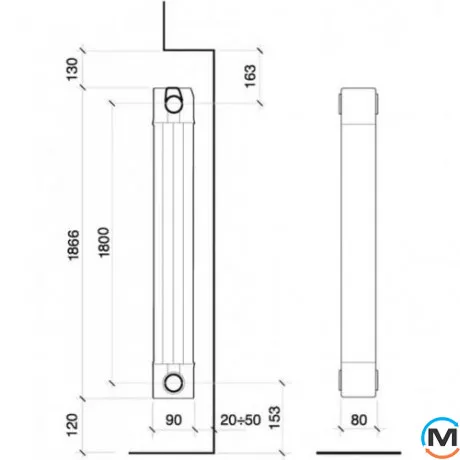 Радіатор алюмінієвий Fondital ALETERNUM GARDA 90 (5-секцій) 1600 мм вертикальний, Міжосьова відстань (мм): 1600, Кількість секцій: 5, фото , зображення 2