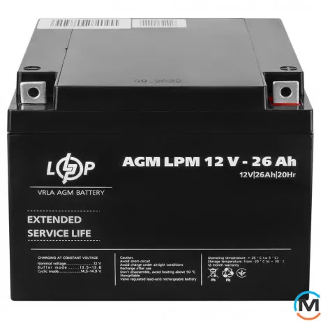 Акумулятор LogicPower AGM LPM 12V - 26 Ah, Ємність, Ah: 26, Номінальна напруга АКБ, V: 12, фото 