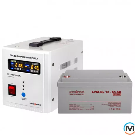 Комплект резервного живлення для котла LogicPower ДБЖ + гелева батарея (UPS 500VA + АКБ GL 900W), фото 