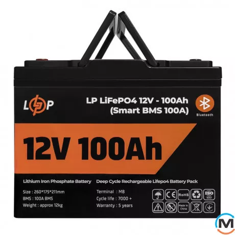 Аккумулятор LogicPower LiFePO4 12V (12,8V) - 100 Ah (1280Wh) (Smart BMS 100А) с BT пластик для ИБП, фото , изображение 2