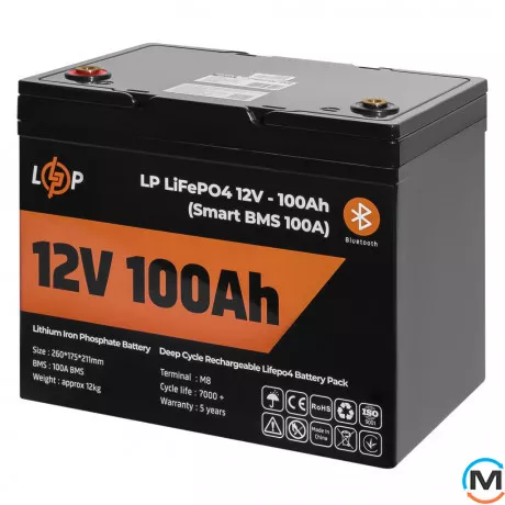 Аккумулятор LogicPower LiFePO4 12V (12,8V) - 100 Ah (1280Wh) (Smart BMS 100А) с BT пластик для ИБП, фото , изображение 3