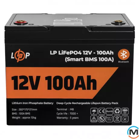 Аккумулятор LogicPower LiFePO4 12V (12,8V) - 100 Ah (1280Wh) (Smart BMS 100А) с BT пластик для ИБП, фото 
