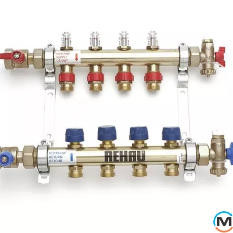Колектор Rehau HKV-D з витратомірами 2 контури, Кількість виходів: 2, Тип колектора: З витратомірами, Діаметр вхід/вихід: 1", Діаметр підводів: 3/4", Різьблення підводів: Євроконус, Матеріал колектора: Латунь, фото 