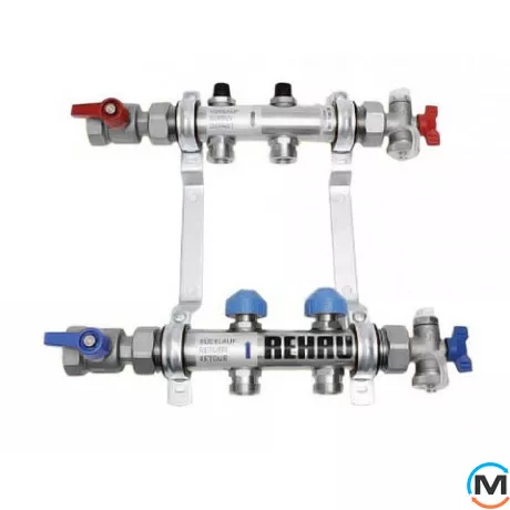 Колектор Rehau HKV 3 контури, Кількість виходів: 3, Тип колектора: З термоклапанами, Діаметр вхід/вихід: 1", Діаметр підводів: 3/4", Різьблення підводів: Євроконус, Матеріал колектора: Латунь, фото 