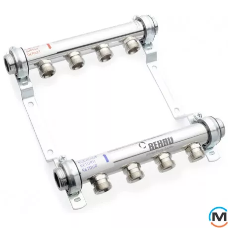 Колектор Rehau HLV з нержавіючої сталі 12 контурів, Кількість виходів: 12, Тип колектора: Простий, Діаметр вхід/вихід: 1", Діаметр підводів: 3/4", Різьблення підводів: Євроконус, Матеріал колектора: Нержавіюча сталь, фото 