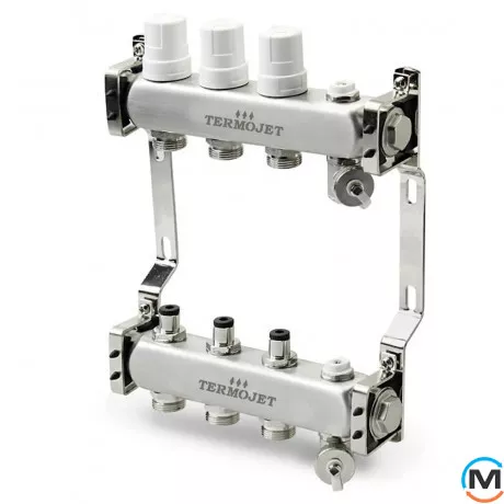 Колектор Termojet із запірними клапанами для теплої підлоги з нержавіючої сталі на 3 контури, фото 