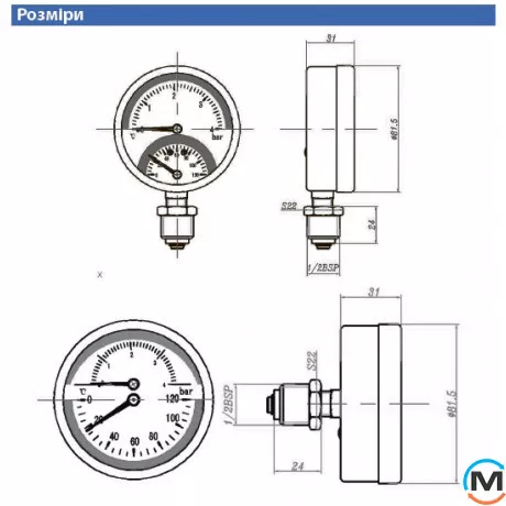 Термоманометр Tervix Pro Line 80/0-10 бар, 0-120 С акс., з монтажним клапаном R1/2", Виконання: Аксіальний (Осьовий), Робочий тиск (бар): 10, фото , зображення 2