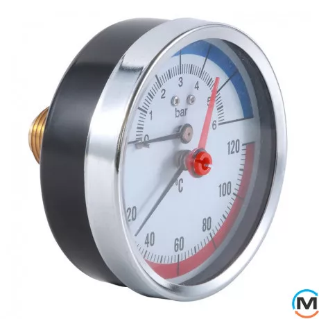 Термоманометр Tervix Pro Line 80/0-10 бар, 0-120 С акс., з монтажним клапаном R1/2", Виконання: Аксіальний (Осьовий), Робочий тиск (бар): 10, фото 