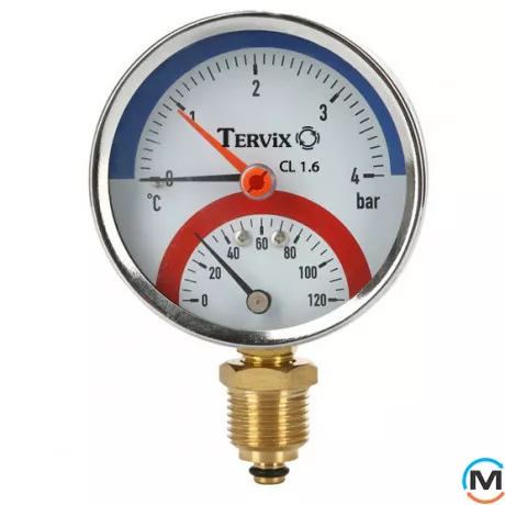Термоманометр Tervix Pro Line 80/0-10 бар, 0-120 С, радіальний, з монтажним клапаном R1/2", Виконання: Радіальний (Вертикальний), Робочий тиск (бар): 10, фото 