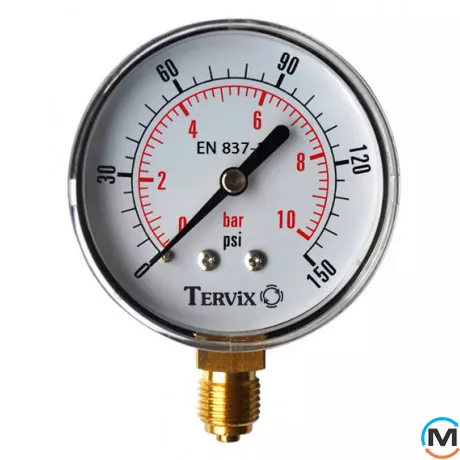Манометр Tervix Pro Line 50 0-10 бар 1/4" рад., Исполнение: Радиальный (Вертикальный), Рабочее давление (бар): 10, Диаметр корпуса (мм): 50, фото 