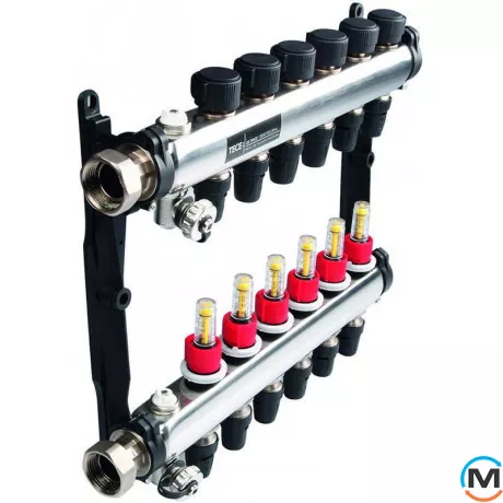 Розподільник TECE HKV 5 з ротометрами, 1" (нерж. сталь), Кількість виходів: 5, Тип колектора: З витратомірами, Діаметр вхід/вихід: 1", Діаметр підводів: 3/4", Різьблення підводів: Євроконус, Матеріал колектора: Нержавіюча сталь, фото 