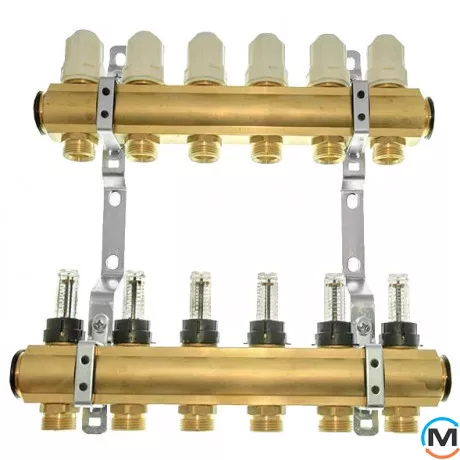 Колектор Meibes Rossweiner на 5 контурів з витратомірами (латунний), Кількість виходів: 5, Тип колектора: З витратомірами, Діаметр вхід/вихід: 1", Діаметр підводів: 3/4", Різьблення підводів: Євроконус, Матеріал колектора: Латунь, фото 