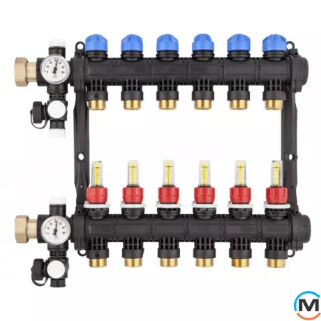 Колектор Afriso ProCalida EF1/4 (4 контури), Кількість виходів: 4, Тип колектора: З витратомірами, Діаметр вхід/вихід: 1", Діаметр підводів: 3/4", Різьблення підводів: Євроконус, фото 