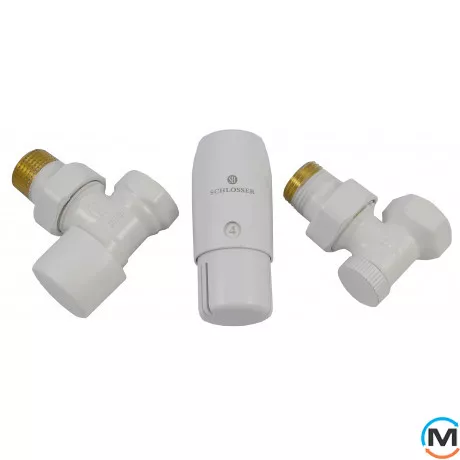 Комплект термостатический Schlosser standart mini, белый, угловой, Диаметр резьбы: 1/2", Исполнение: Угловой, Цвет: Белый, Нулевое положение: Нет, Присоединение: М30х1,5, фото 