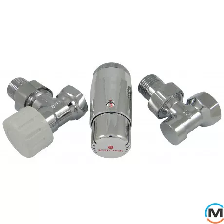 Комплект термостатический Schlosser standart mini, хром, угловой, Диаметр резьбы: 1/2", Исполнение: Угловой, Цвет: Хром, Нулевое положение: Нет, Присоединение: М30х1,5, фото 