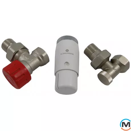 Комплект термостатический Schlosser standart mini,  никелированный, угловой, Диаметр резьбы: 1/2", Исполнение: Угловой, Цвет: Никелированный, Нулевое положение: Нет, Присоединение: М30х1,5, фото 